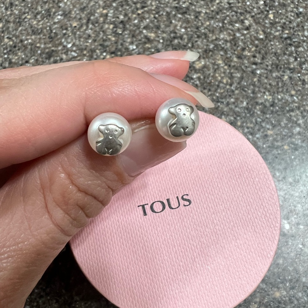 TOUS Silver and White Bear Stud Earrings